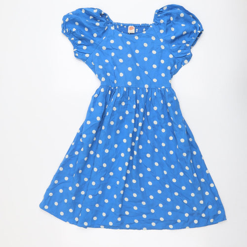 Young & Free Girls Blue Polka Dot Lyocell Fit & Flare Size 13-14 Years Boat Neck Pullover - Puff Sleeve