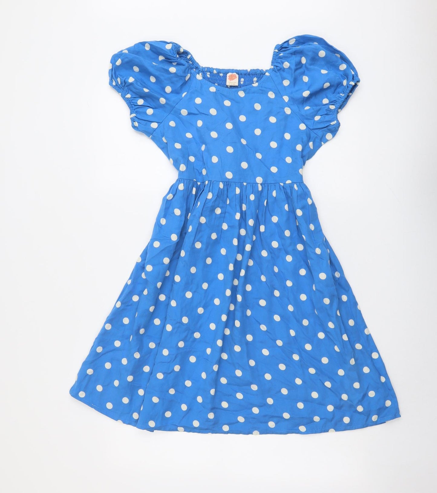 Young & Free Girls Blue Polka Dot Lyocell Fit & Flare Size 13-14 Years Boat Neck Pullover - Puff Sleeve