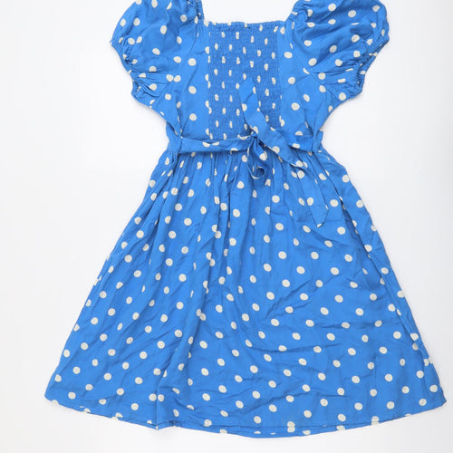 Young & Free Girls Blue Polka Dot Lyocell Fit & Flare Size 13-14 Years Boat Neck Pullover - Puff Sleeve