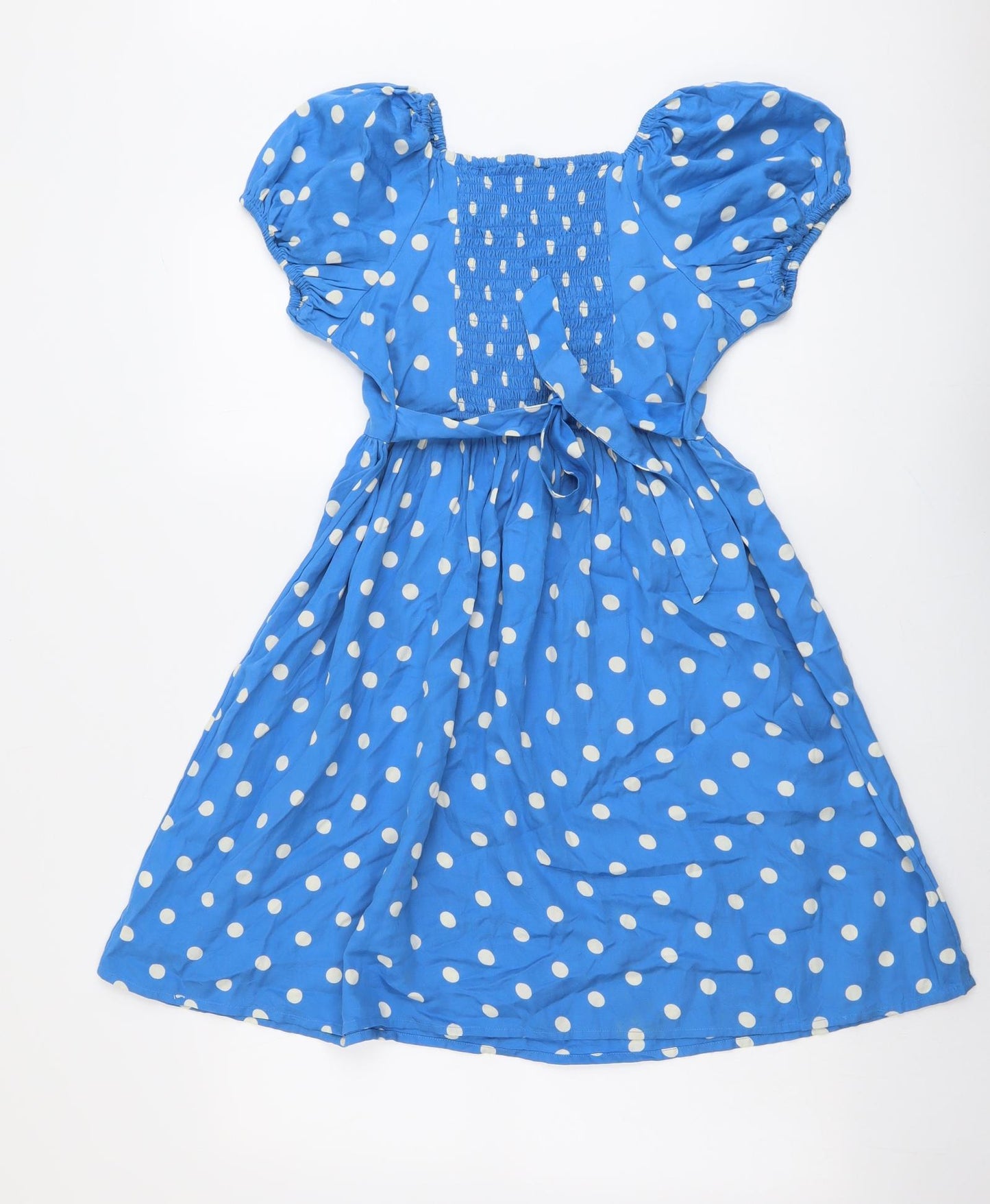 Young & Free Girls Blue Polka Dot Lyocell Fit & Flare Size 13-14 Years Boat Neck Pullover - Puff Sleeve