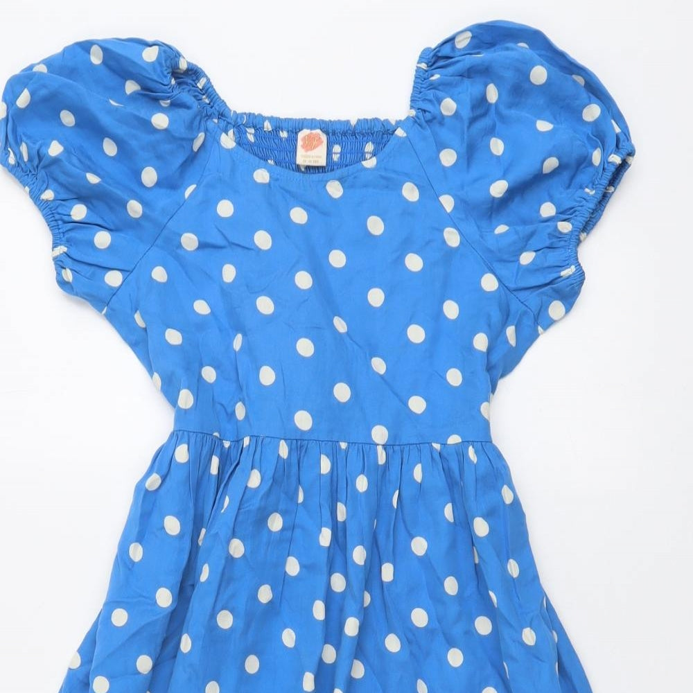 Young & Free Girls Blue Polka Dot Lyocell Fit & Flare Size 13-14 Years Boat Neck Pullover - Puff Sleeve