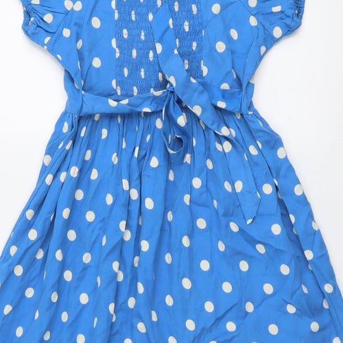 Young & Free Girls Blue Polka Dot Lyocell Fit & Flare Size 13-14 Years Boat Neck Pullover - Puff Sleeve