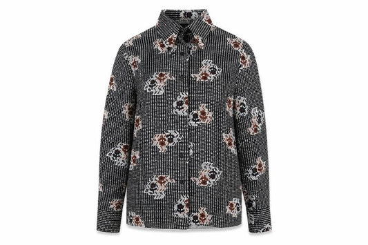 Front view of Pacific London women’s black geometric polyester basic button-up, size S, collared