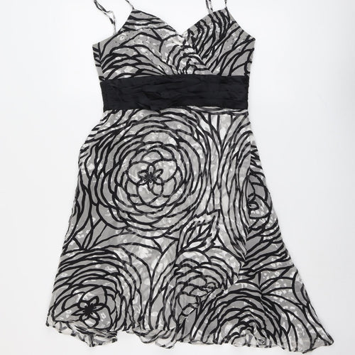 Nicholas Millington Womens Black Geometric Silk Slip Dress Size 10 V-Neck Zip