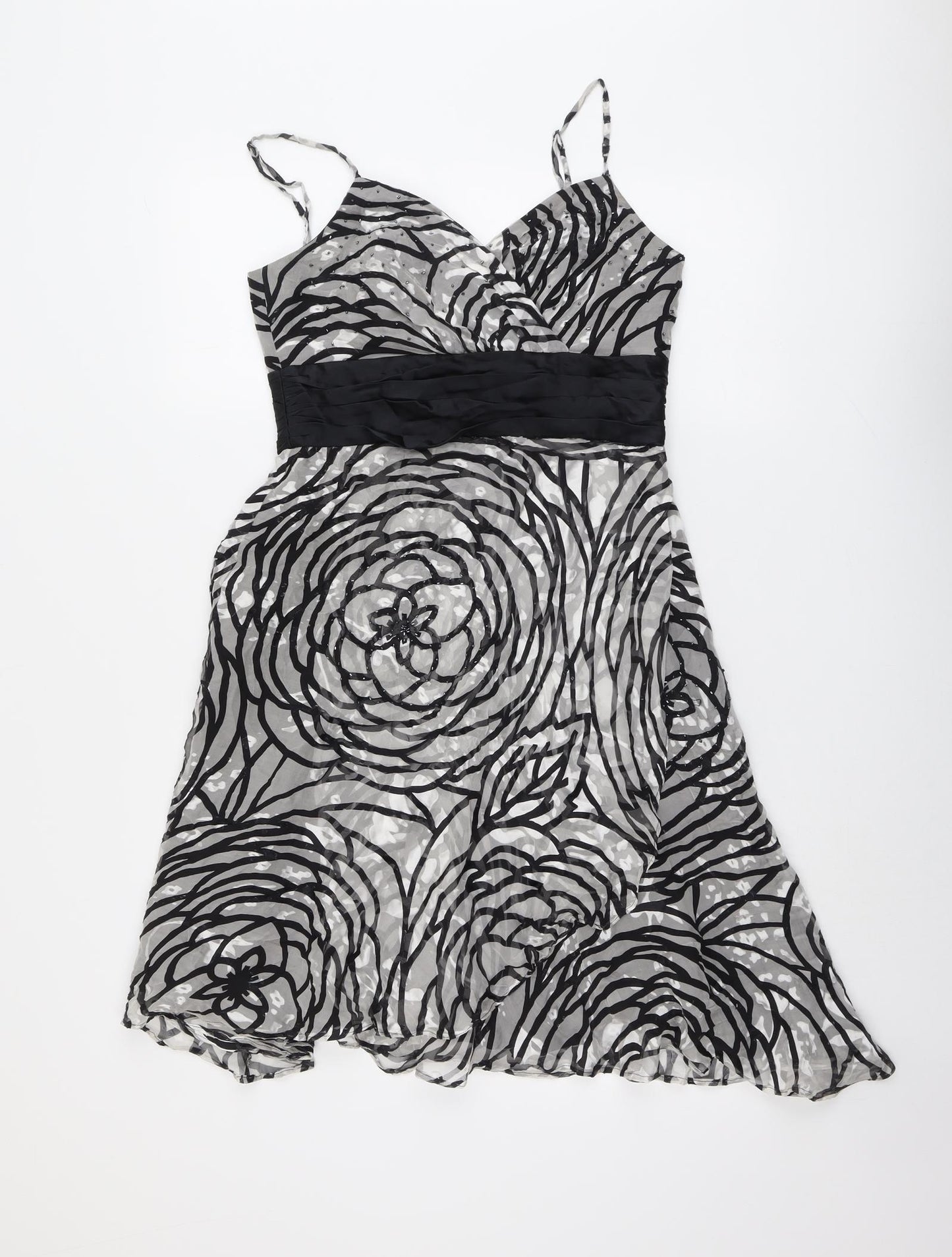 Nicholas Millington Womens Black Geometric Silk Slip Dress Size 10 V-Neck Zip
