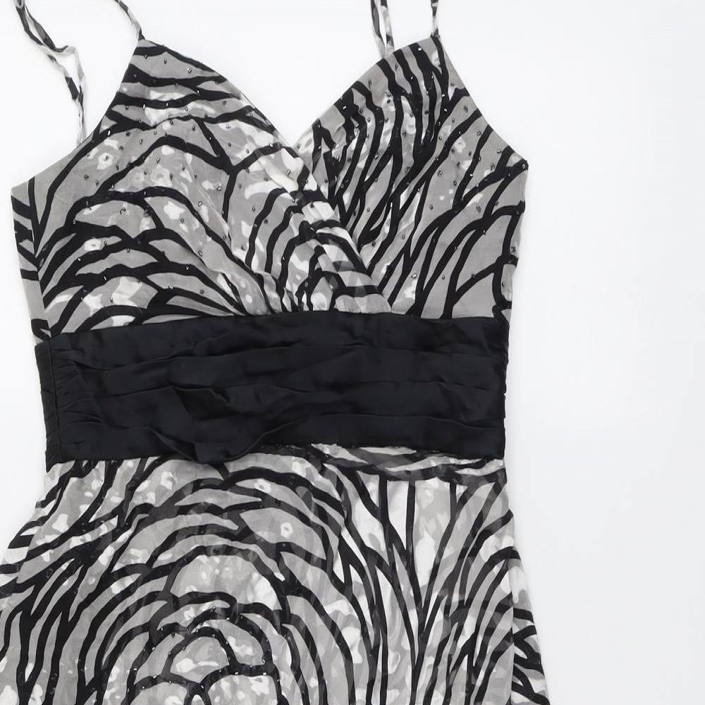 Nicholas Millington Womens Black Geometric Silk Slip Dress Size 10 V-Neck Zip