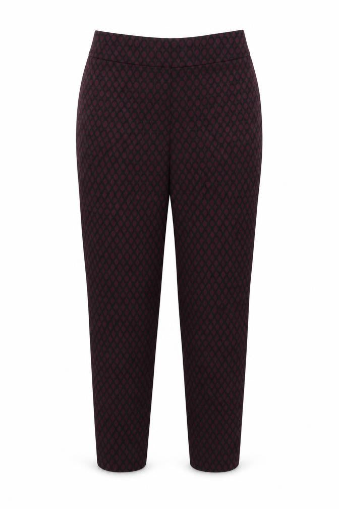 Front view of Phase Eight women’s red geometric polyester trousers, size UK 12, 27-inch leg regular button