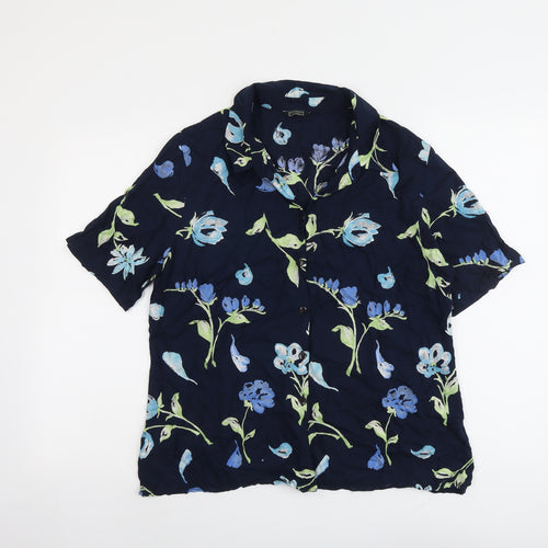 Debenhams Womens Blue Floral Viscose Basic Button-Up Size 16 Collared