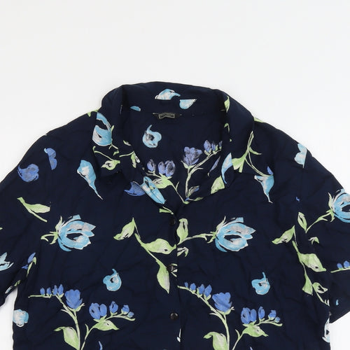 Debenhams Womens Blue Floral Viscose Basic Button-Up Size 16 Collared