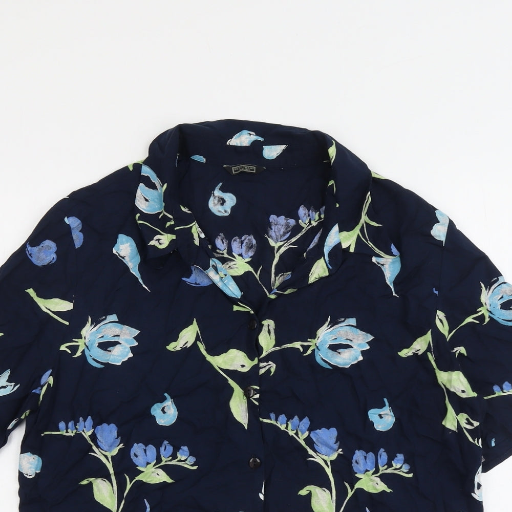Debenhams Womens Blue Floral Viscose Basic Button-Up Size 16 Collared
