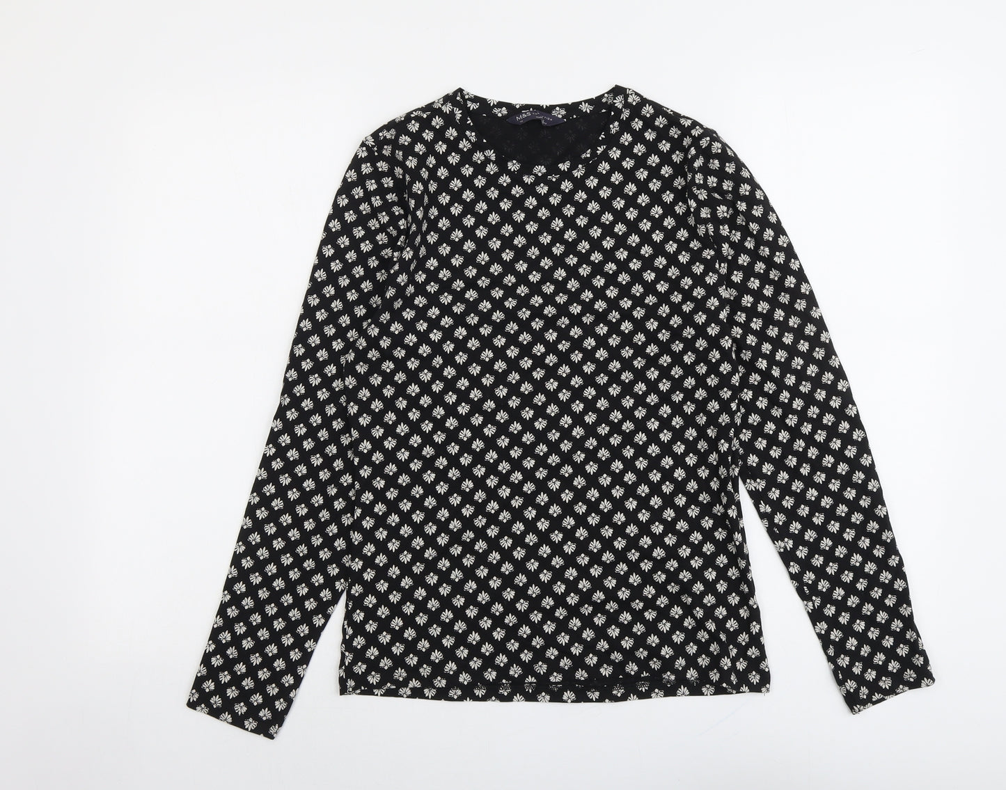 Marks and Spencer Womens Black Geometric Cotton Basic T-Shirt Size 10 Boat Neck