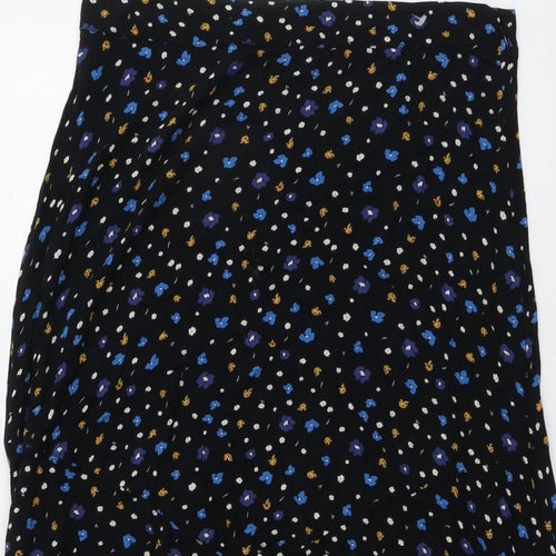 John Lewis Womens Black Floral Viscose Swing Skirt Size 14 Zip