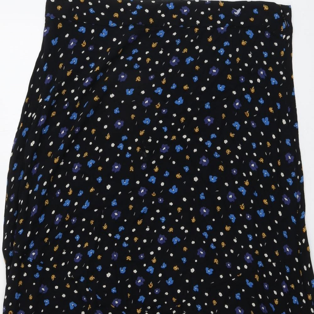 John Lewis Womens Black Floral Viscose Swing Skirt Size 14 Zip