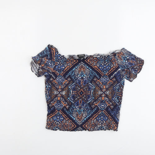 Monki Womens Blue Geometric Cotton Cropped Blouse Size S Off the Shoulder - Shirred