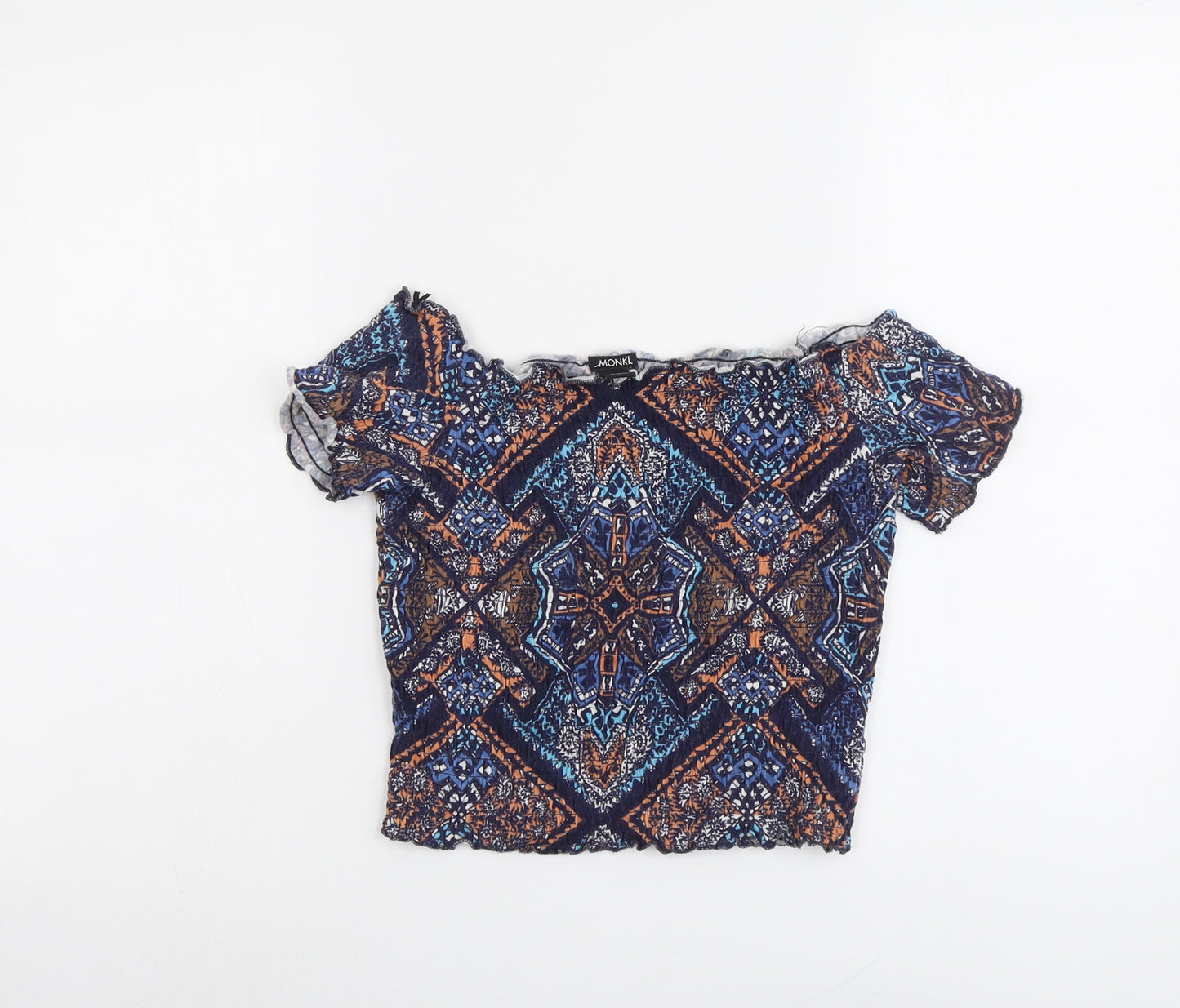 Monki Womens Blue Geometric Cotton Cropped Blouse Size S Off the Shoulder - Shirred