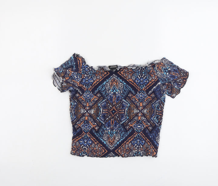 Monki Womens Blue Geometric Cotton Cropped Blouse Size S Off the Shoulder - Shirred