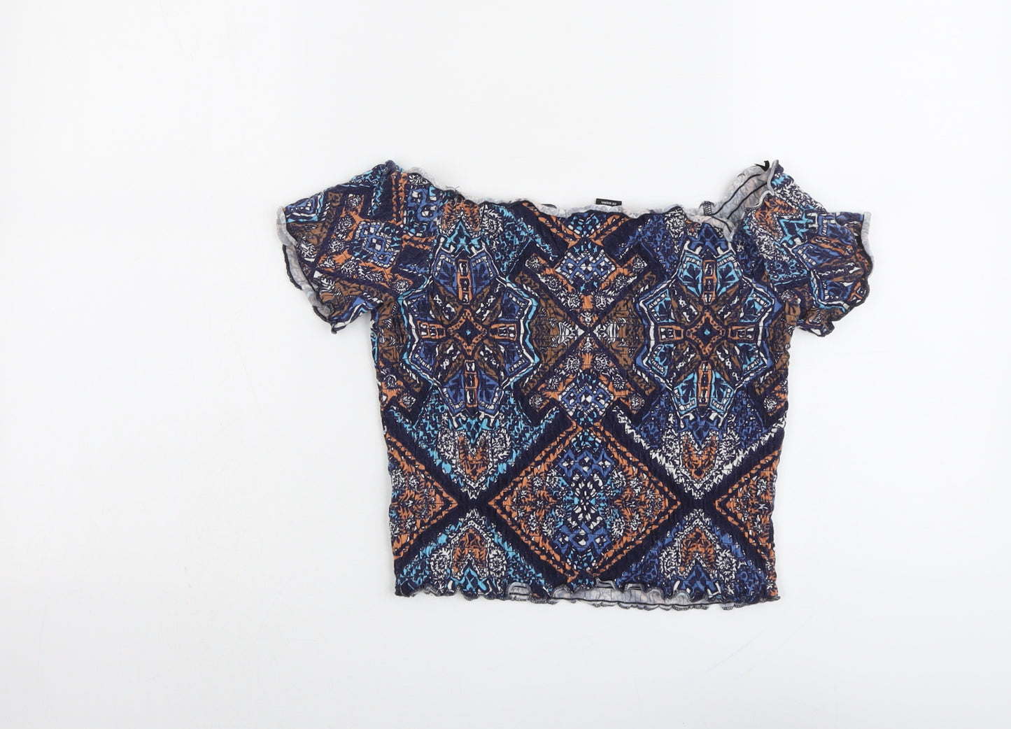Monki Womens Blue Geometric Cotton Cropped Blouse Size S Off the Shoulder - Shirred