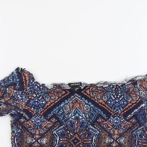 Monki Womens Blue Geometric Cotton Cropped Blouse Size S Off the Shoulder - Shirred
