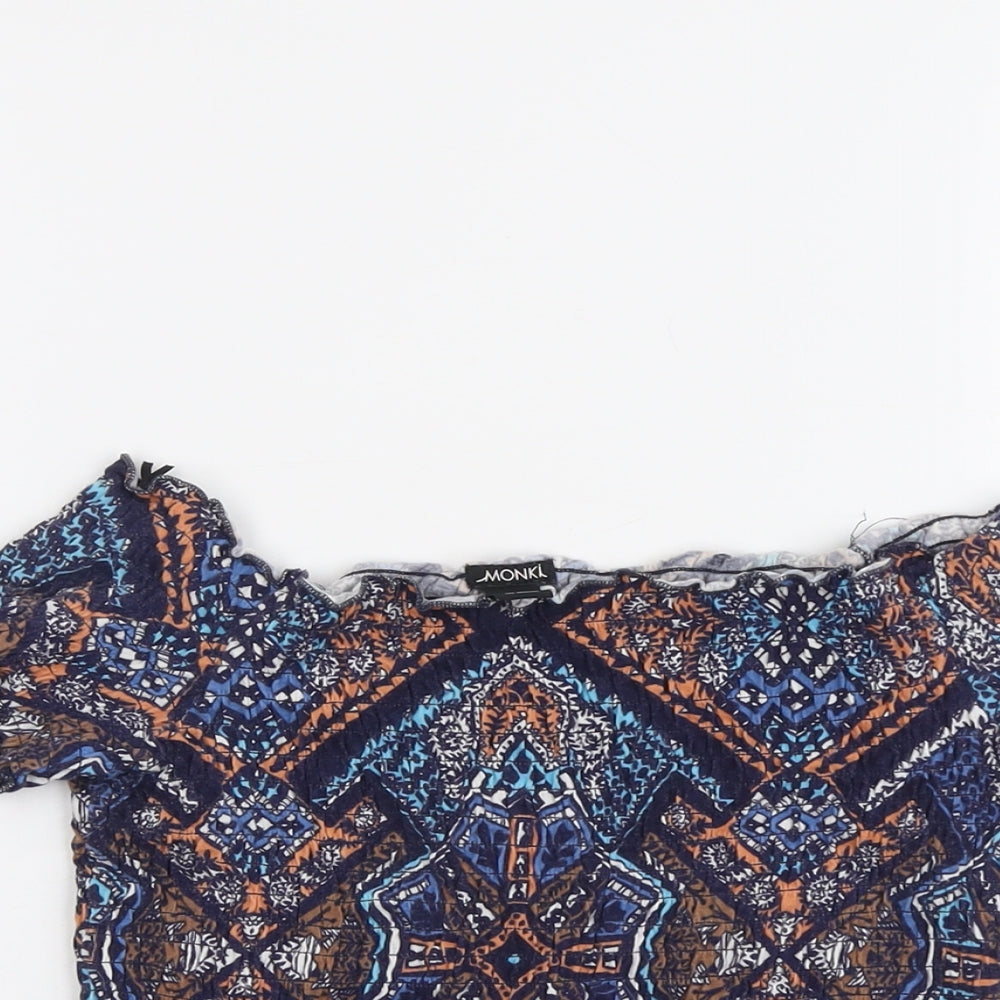 Monki Womens Blue Geometric Cotton Cropped Blouse Size S Off the Shoulder - Shirred