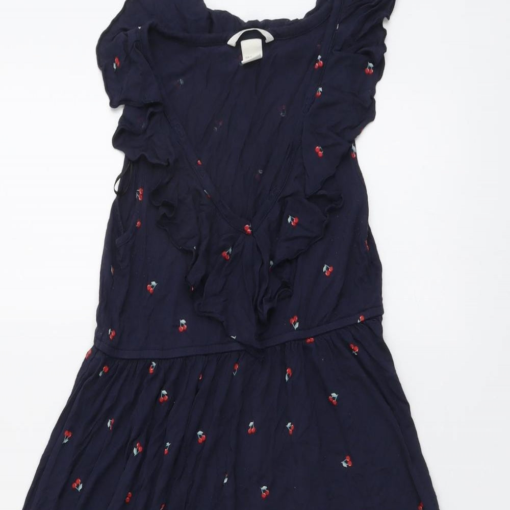 H&M Womens Blue Geometric Viscose Trapeze & Swing Size S V-Neck Pullover - Cherry Pattern