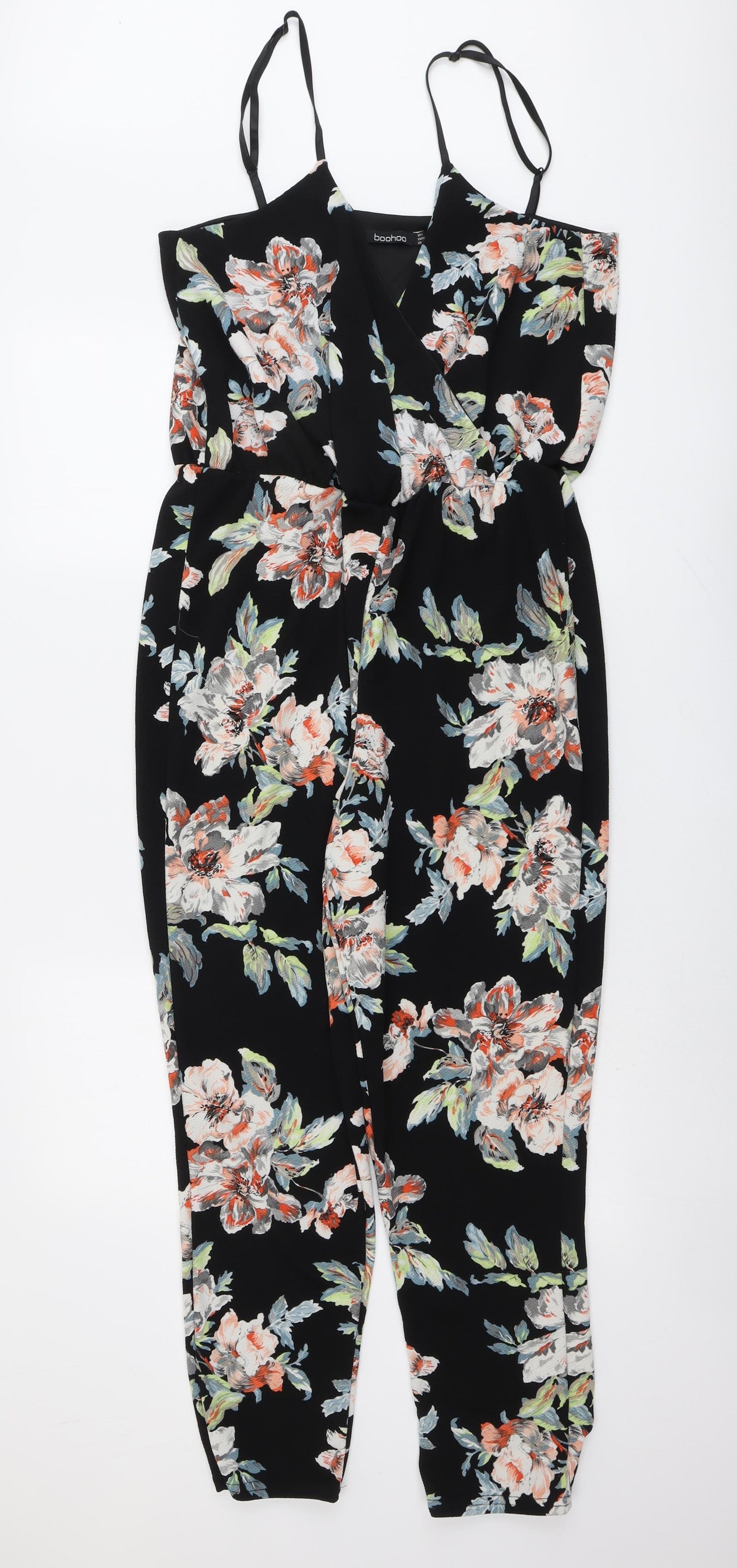 Boohoo Womens Black Floral Polyester Jumpsuit One-Piece Size 16 Pullover