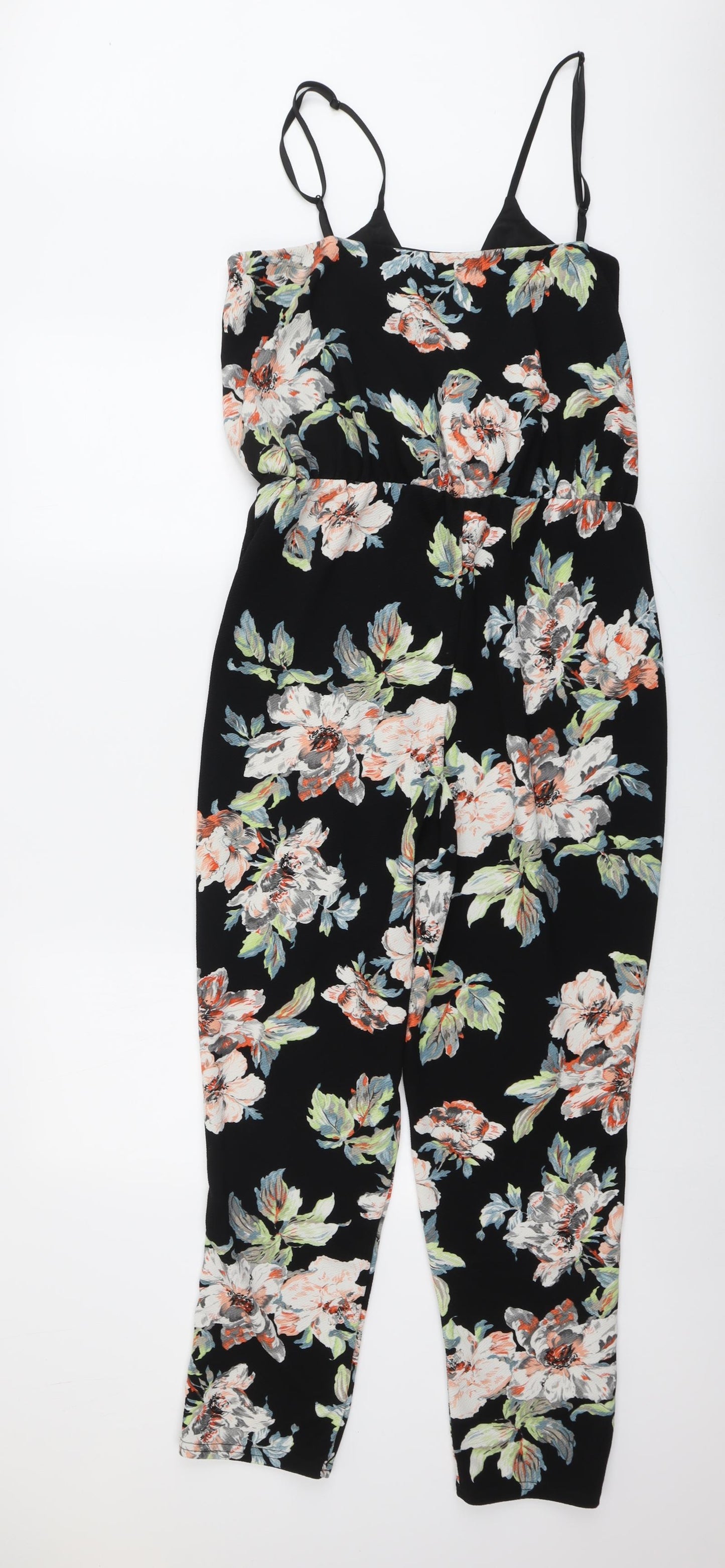 Boohoo Womens Black Floral Polyester Jumpsuit One-Piece Size 16 Pullover
