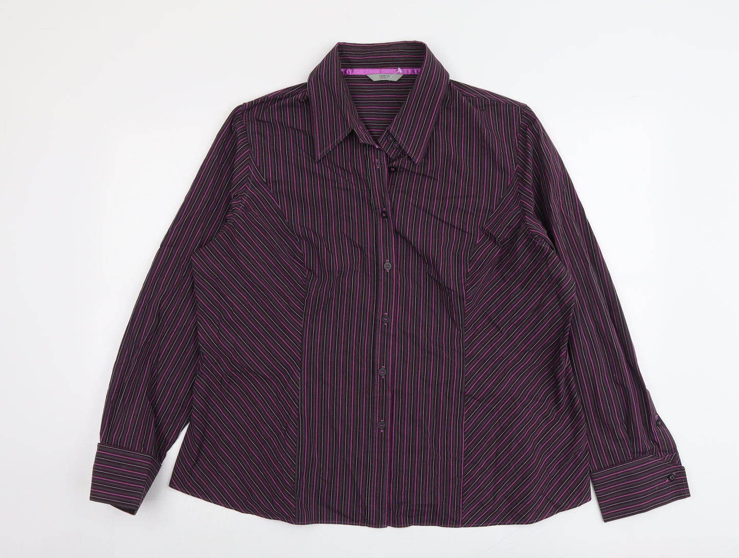 Marks and Spencer Womens Purple Striped Cotton Basic Button-Up Size 22 Collared