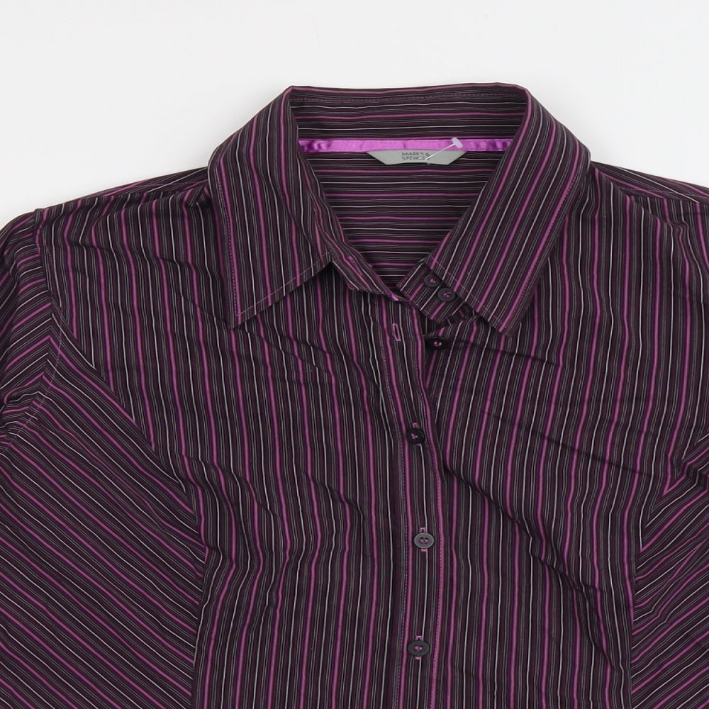 Marks and Spencer Womens Purple Striped Cotton Basic Button-Up Size 22 Collared