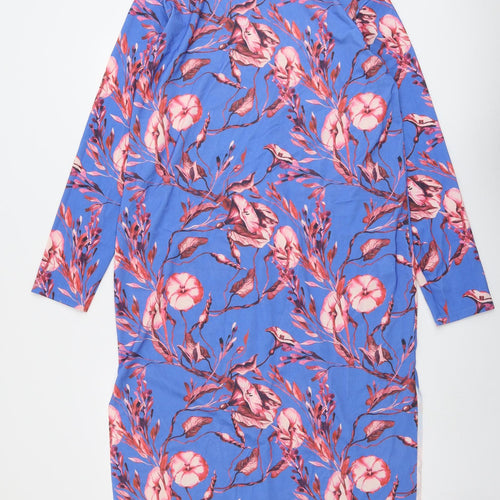 Zara Womens Blue Floral Polyester A-Line Size S Mock Neck Button