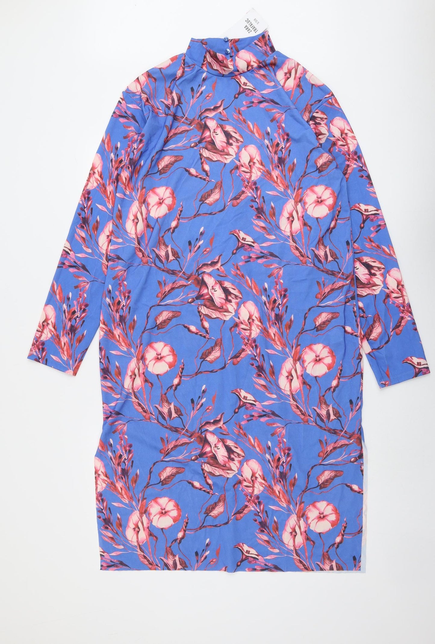 Zara Womens Blue Floral Polyester A-Line Size S Mock Neck Button