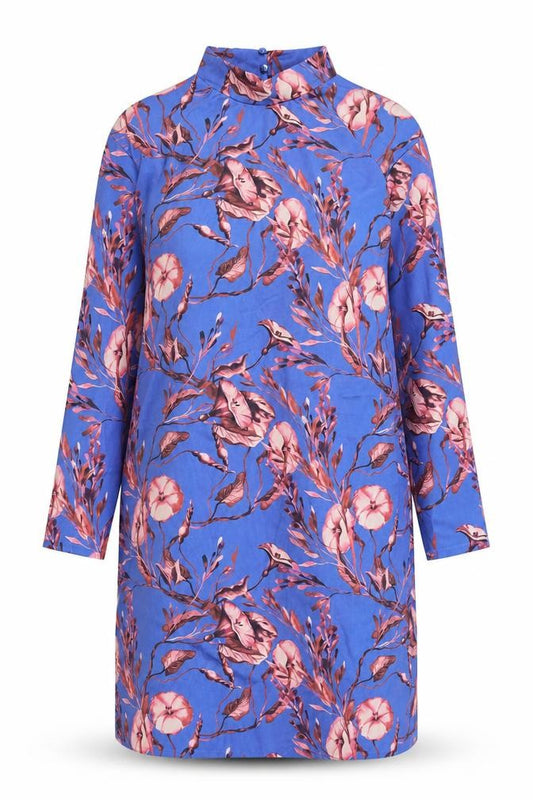 Front view of Zara women’s blue floral polyester a-line, size S, mock neck button