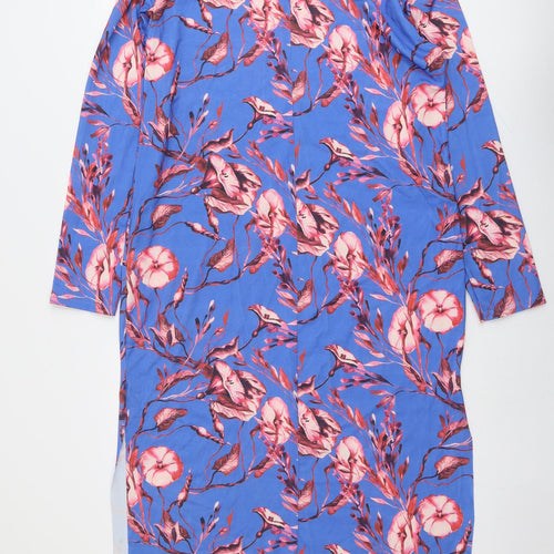 Zara Womens Blue Floral Polyester A-Line Size S Mock Neck Button