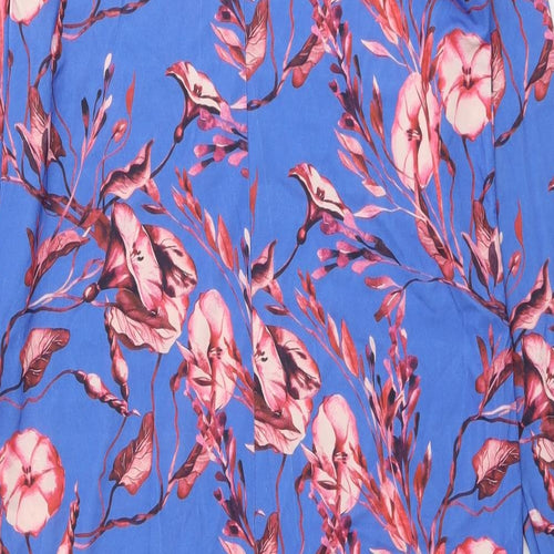 Zara Womens Blue Floral Polyester A-Line Size S Mock Neck Button