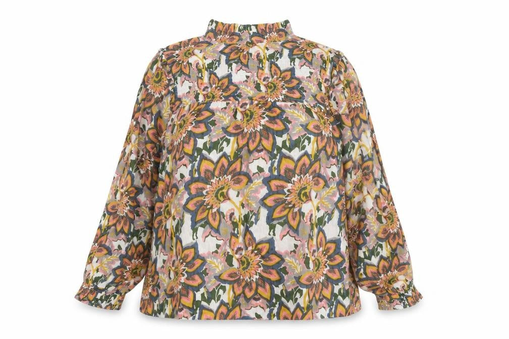 Front view of CERULEAN women’s multicoloured floral viscose basic blouse, size UK 16, mock neck
