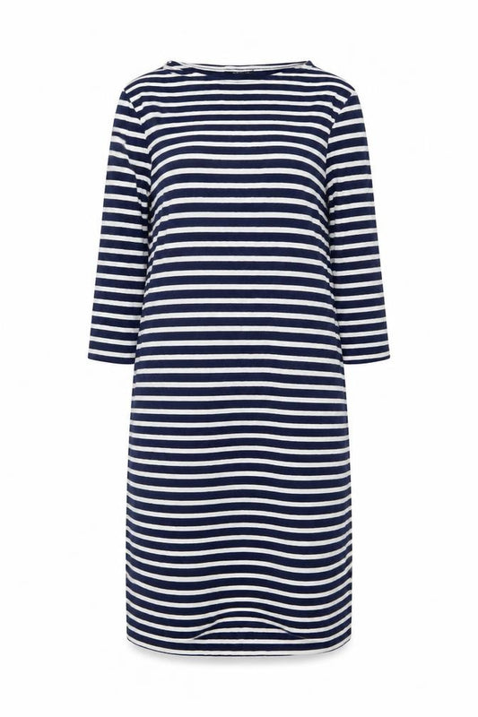 Front view of New Look women’s blue striped viscose a-line, size UK 10, round neck pullover