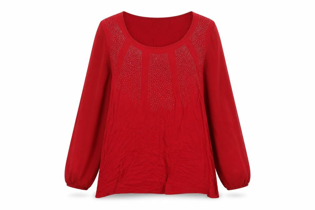 Front view of Epilogue women’s red viscose basic blouse, size UK 12, scoop neck