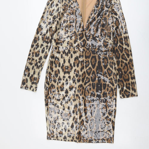 Allyson Womens Beige Animal Print Polyester A-Line Size S V-Neck Zip - Leopard Pattern