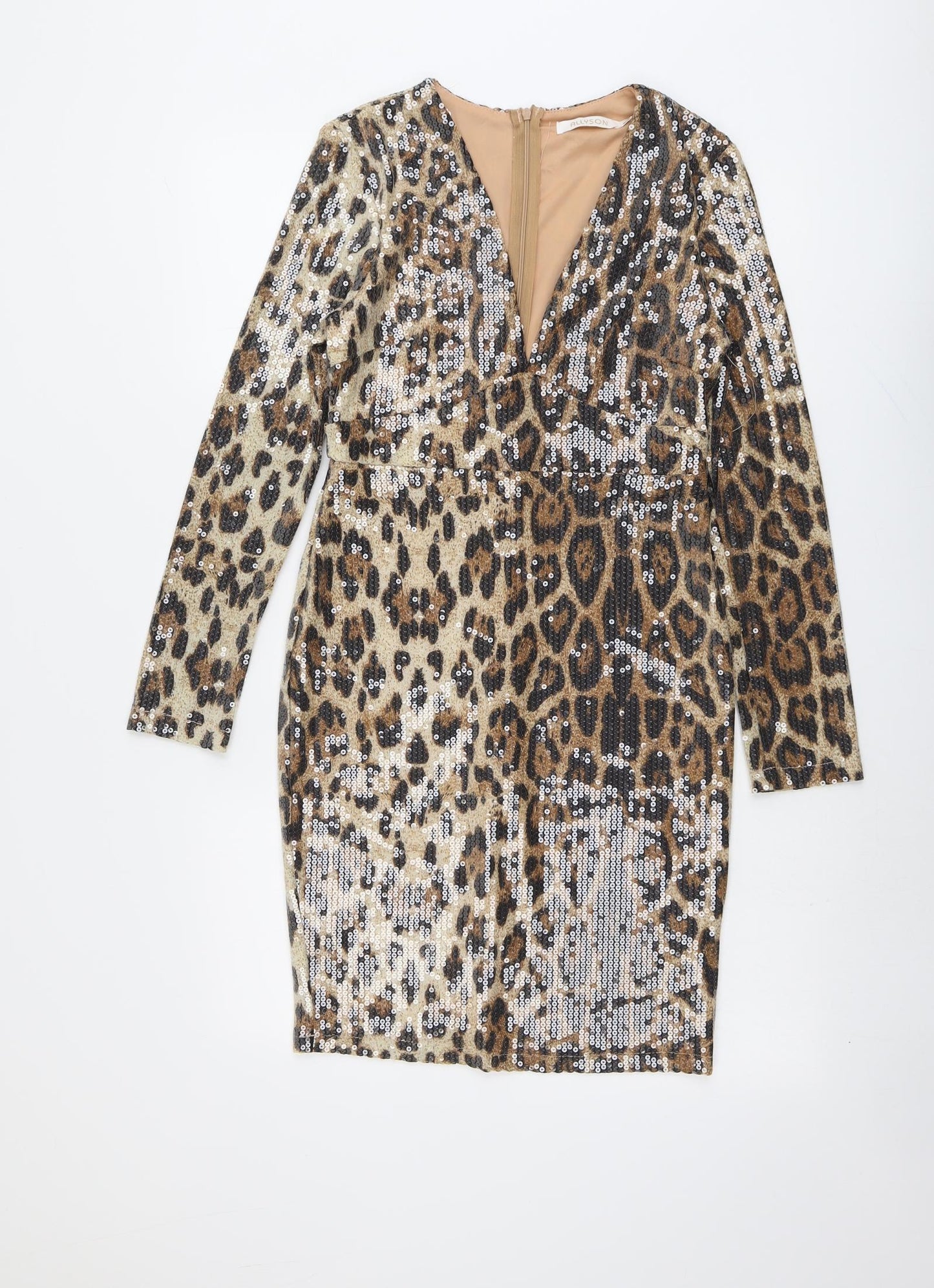 Allyson Womens Beige Animal Print Polyester A-Line Size S V-Neck Zip - Leopard Pattern