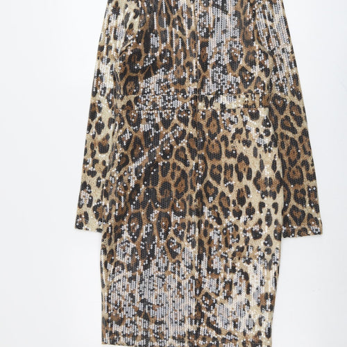 Allyson Womens Beige Animal Print Polyester A-Line Size S V-Neck Zip - Leopard Pattern