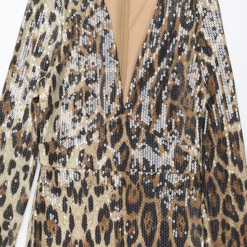 Allyson Womens Beige Animal Print Polyester A-Line Size S V-Neck Zip - Leopard Pattern