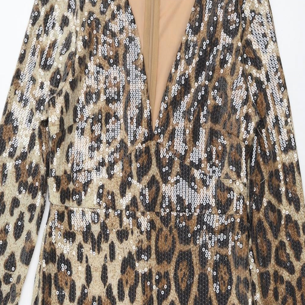 Allyson Womens Beige Animal Print Polyester A-Line Size S V-Neck Zip - Leopard Pattern