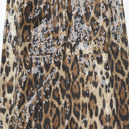 Allyson Womens Beige Animal Print Polyester A-Line Size S V-Neck Zip - Leopard Pattern