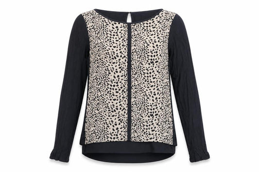 Front view of Oasis women’s grey animal print viscose basic blouse, size S, boat neck - cheetah print
