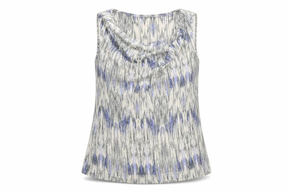 Front view of Autograph women’s beige geometric viscose basic tank, size UK 14, cowl neck