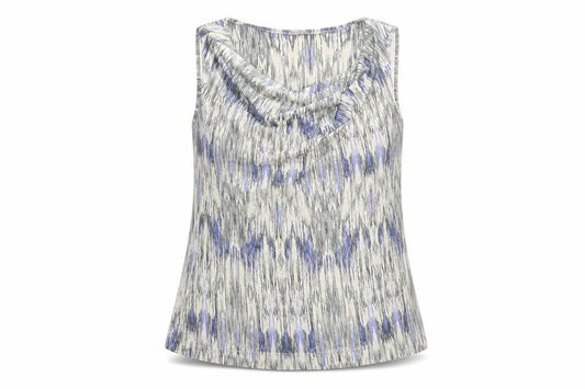 Front view of Autograph women’s beige geometric viscose basic tank, size UK 14, cowl neck