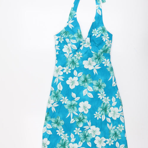 New Look Womens Blue Floral Cotton A-Line Size 8 Halter Zip