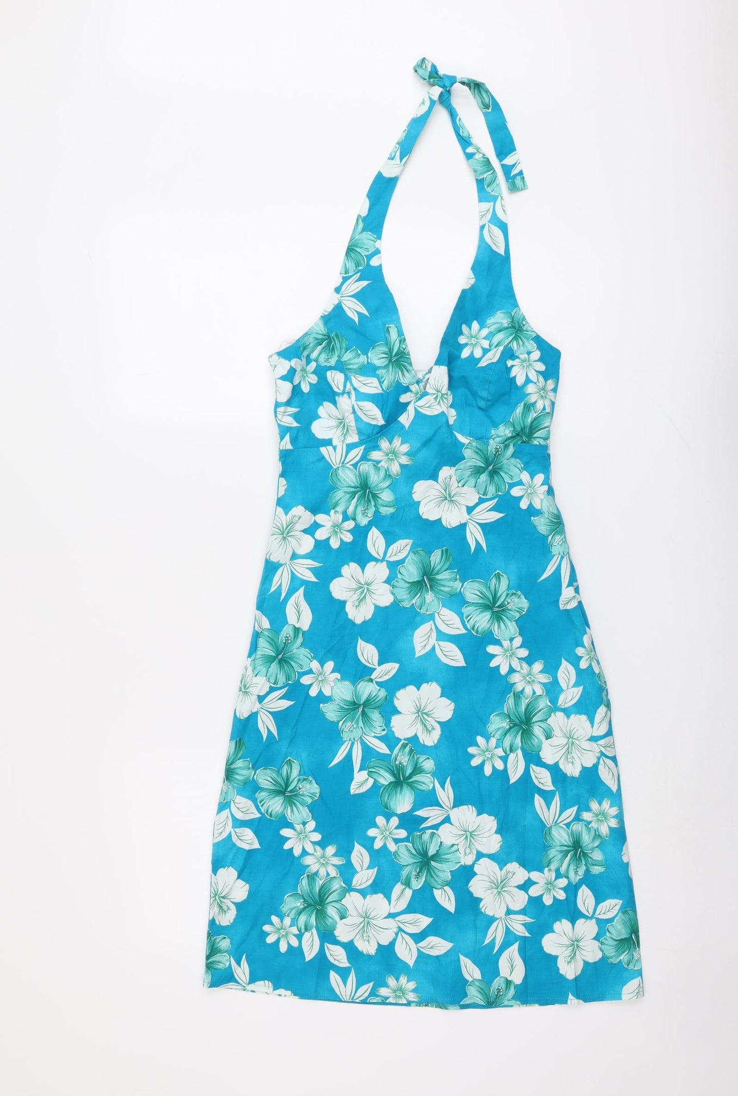 New Look Womens Blue Floral Cotton A-Line Size 8 Halter Zip