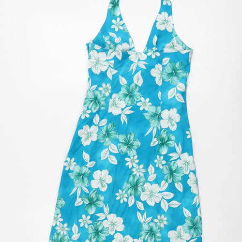 New Look Womens Blue Floral Cotton A-Line Size 8 Halter Zip