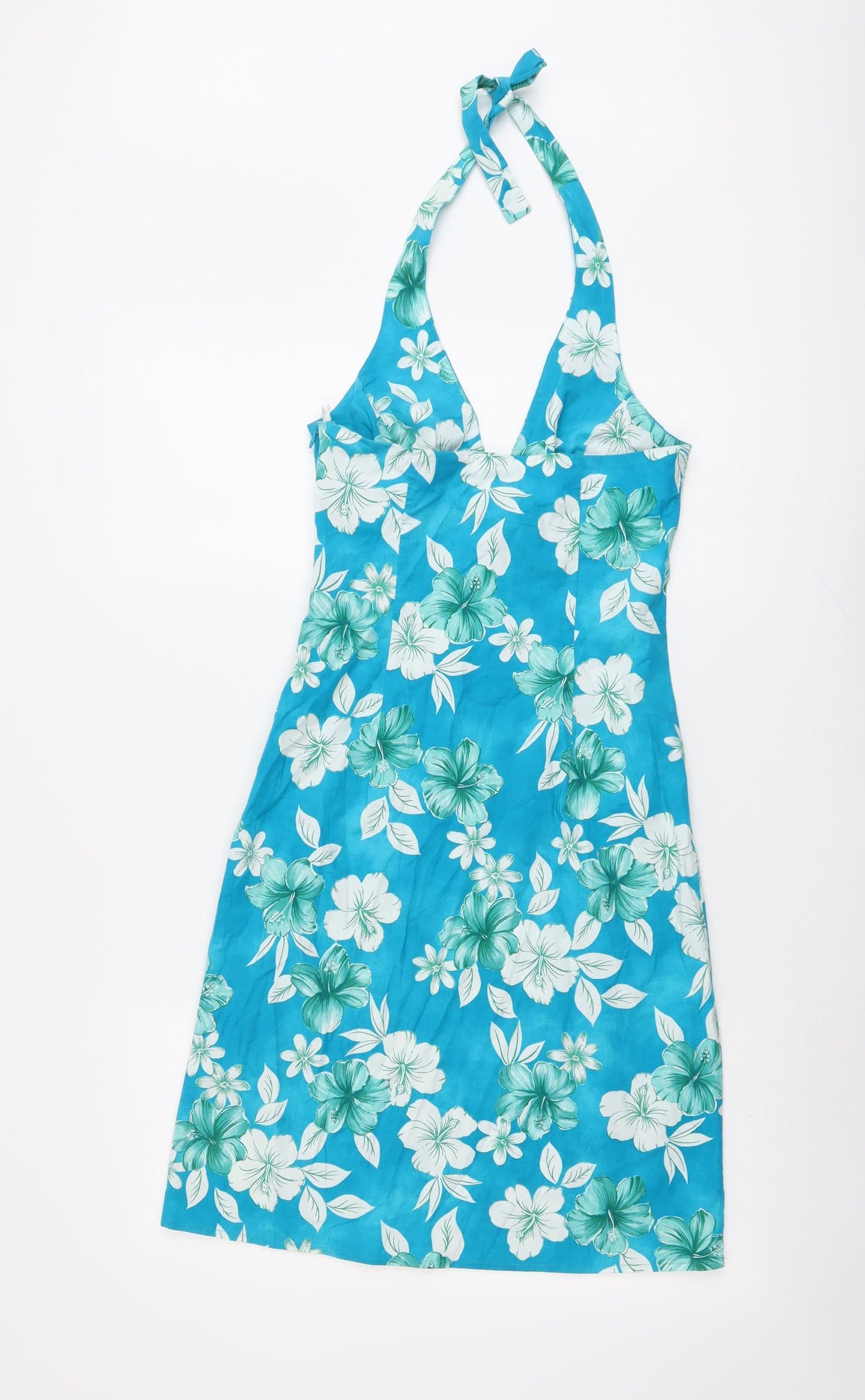 New Look Womens Blue Floral Cotton A-Line Size 8 Halter Zip