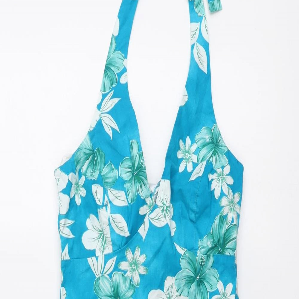 New Look Womens Blue Floral Cotton A-Line Size 8 Halter Zip